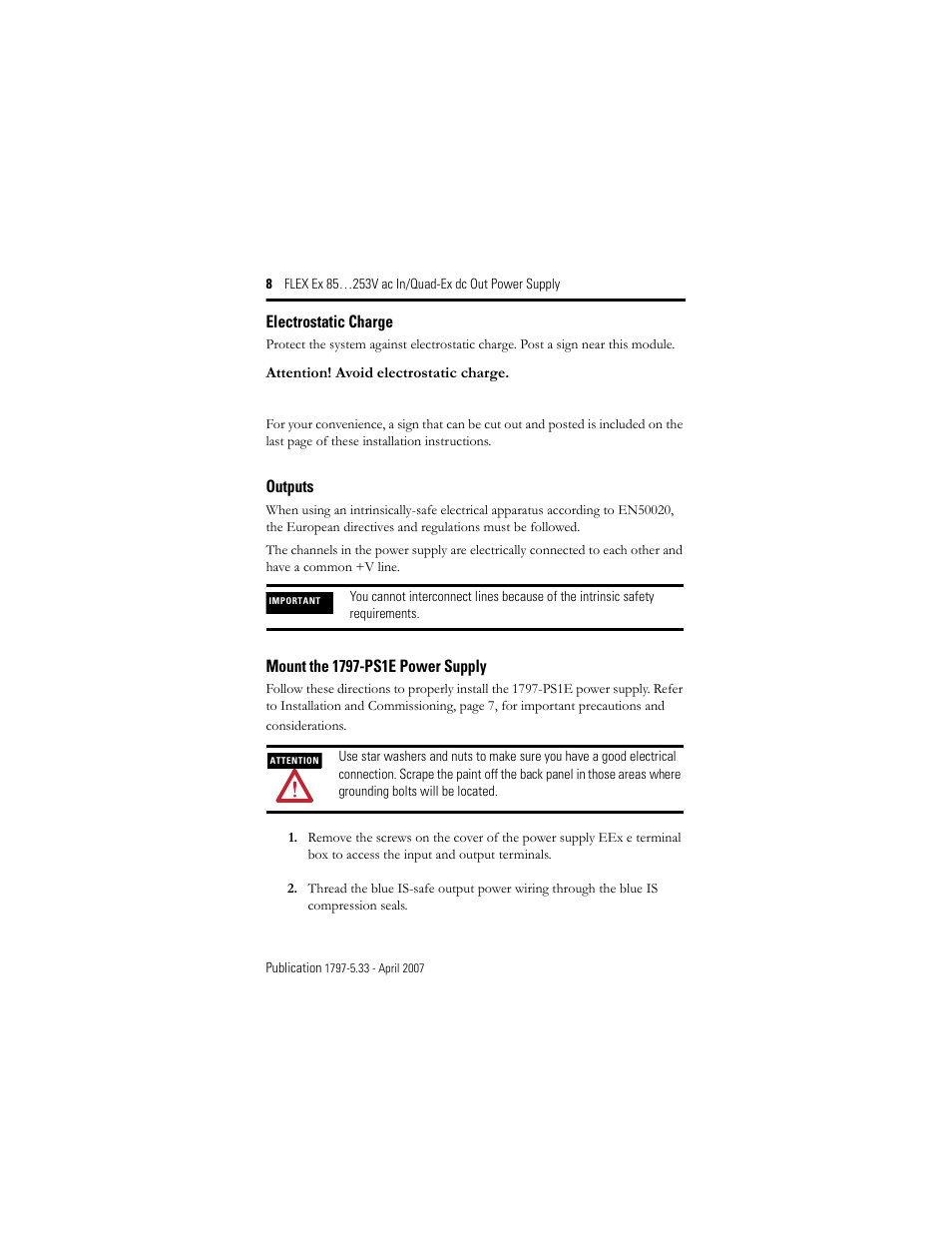 Electrostatic charge, Outputs, Mount the 1797-ps1e power supply | Rockwell Automation 1797-PS1E FLEX Ex 85-253V AC In/Quad-Ex DC Out Power Supply User Manual | Page 8 / 16