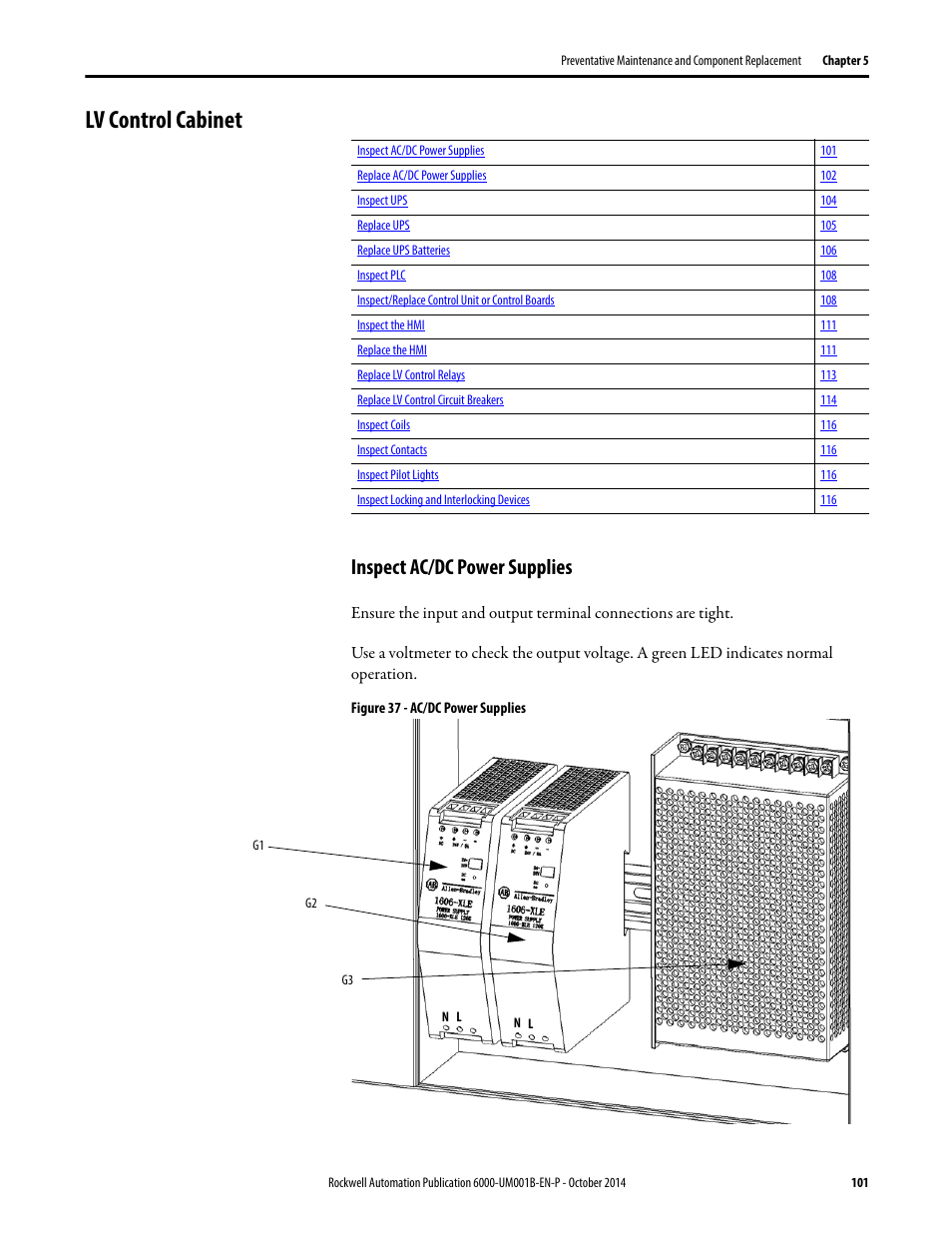 Lv control cabinet, Inspect ac/dc power supplies | Rockwell Automation 6012DB PowerFlex Medium Voltage Variable Frequency Drive User Manual | Page 101 / 138