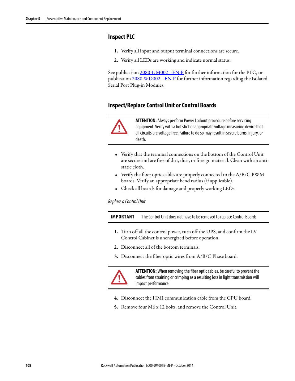 Inspect plc, Inspect/replace control unit or control boards | Rockwell Automation 6012DB PowerFlex Medium Voltage Variable Frequency Drive User Manual | Page 108 / 138