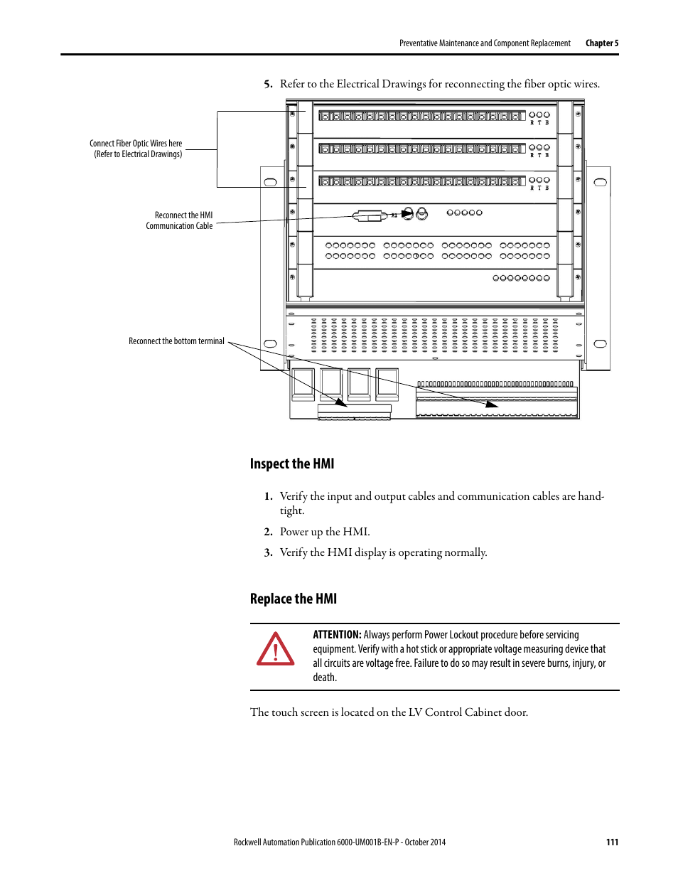Inspect the hmi, Replace the hmi, Inspect the hmi replace the hmi | Rockwell Automation 6012DB PowerFlex Medium Voltage Variable Frequency Drive User Manual | Page 111 / 138