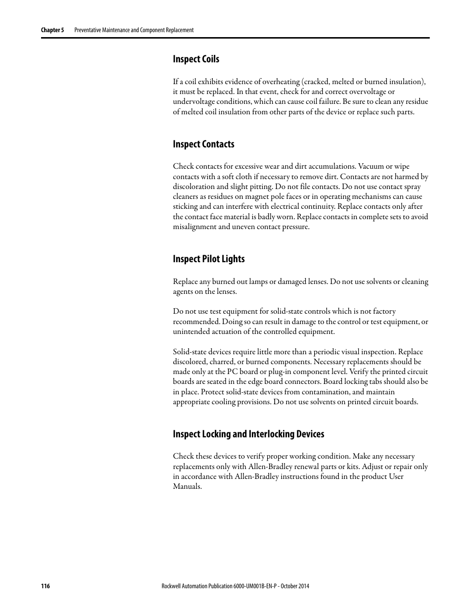 Inspect coils, Inspect contacts, Inspect pilot lights | Inspect locking and interlocking devices | Rockwell Automation 6012DB PowerFlex Medium Voltage Variable Frequency Drive User Manual | Page 116 / 138