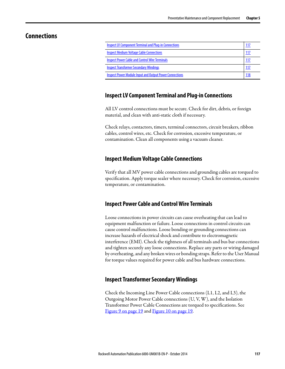 Connections, Inspect medium voltage cable connections, Inspect power cable and control wire terminals | Inspect transformer secondary windings | Rockwell Automation 6012DB PowerFlex Medium Voltage Variable Frequency Drive User Manual | Page 117 / 138