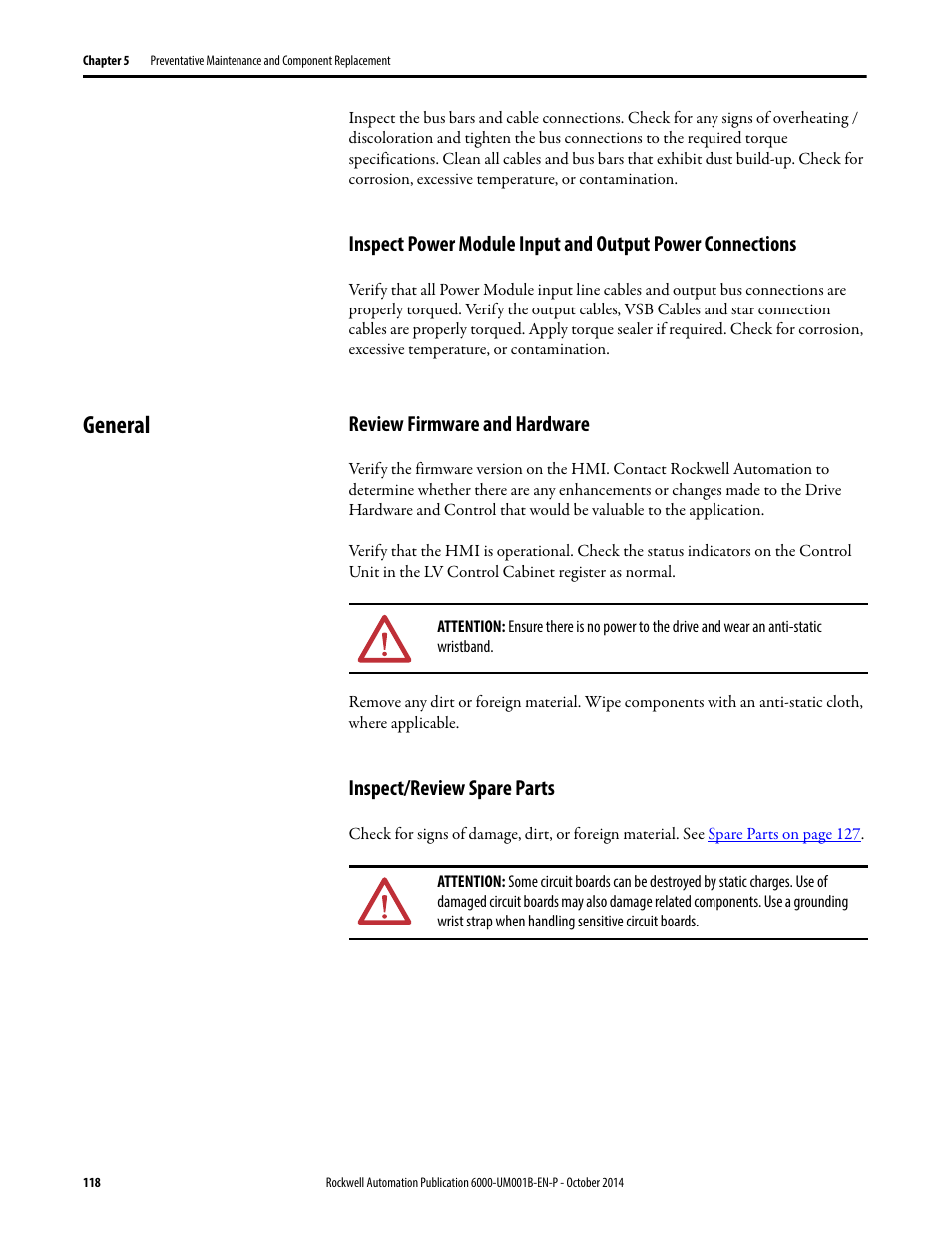 General, Review firmware and hardware, Inspect/review spare parts | Rockwell Automation 6012DB PowerFlex Medium Voltage Variable Frequency Drive User Manual | Page 118 / 138