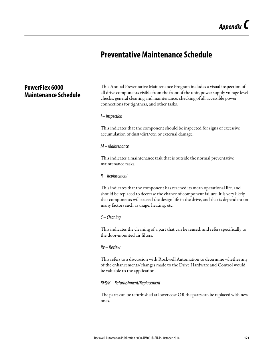 C - preventative maintenance schedule, Powerflex 6000 maintenance schedule, Appendix c | Preventative maintenance schedule, Preventative maintenance, Schedule, Appendix | Rockwell Automation 6012DB PowerFlex Medium Voltage Variable Frequency Drive User Manual | Page 123 / 138