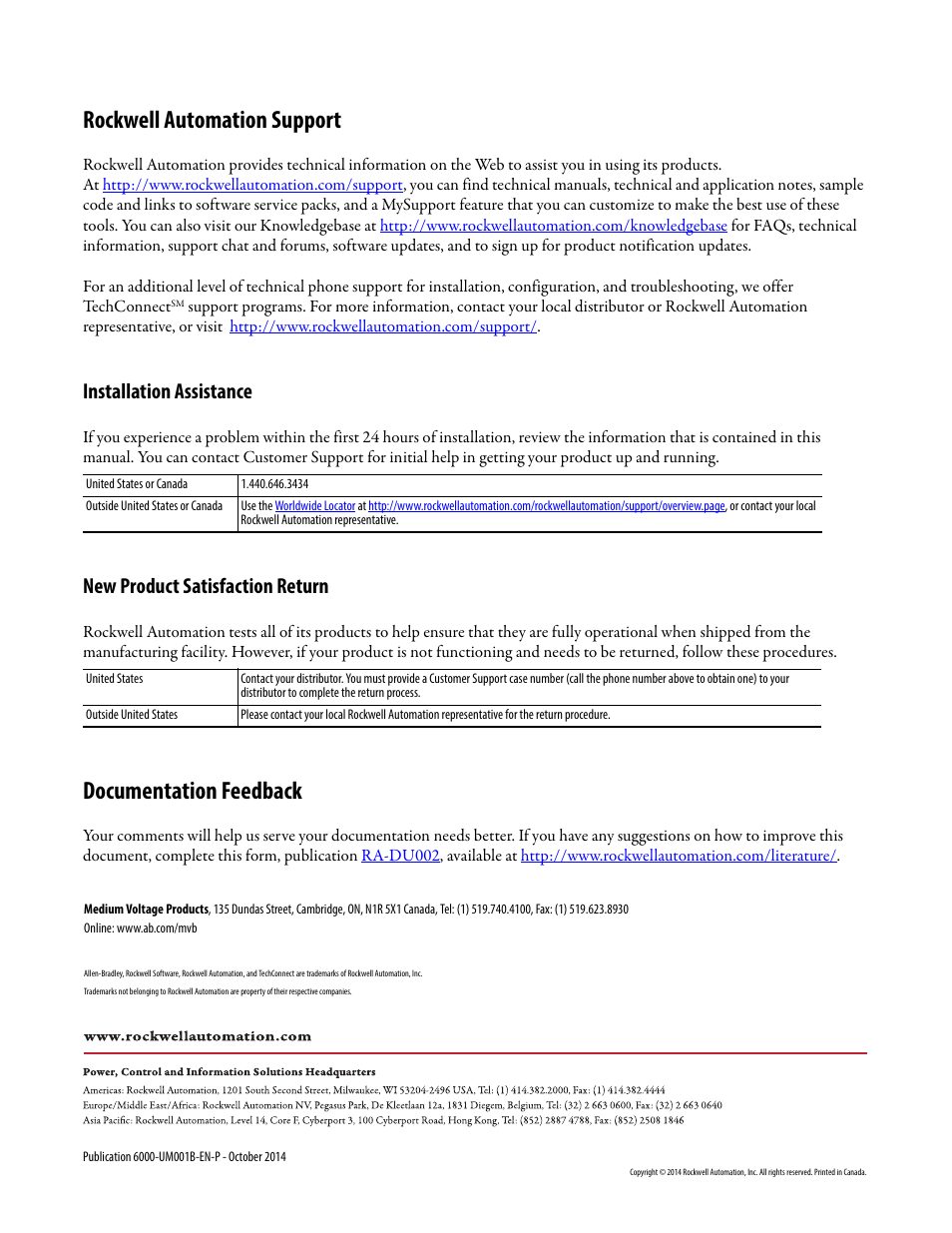 Back cover, Rockwell automation support, Documentation feedback | Installation assistance, New product satisfaction return | Rockwell Automation 6012DB PowerFlex Medium Voltage Variable Frequency Drive User Manual | Page 138 / 138