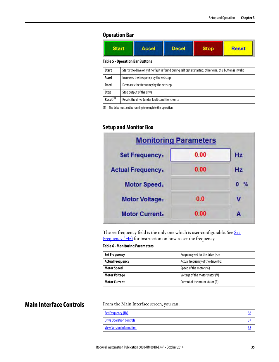 Operation bar, Setup and monitor box, Main interface controls | Operation bar setup and monitor box | Rockwell Automation 6012DB PowerFlex Medium Voltage Variable Frequency Drive User Manual | Page 35 / 138
