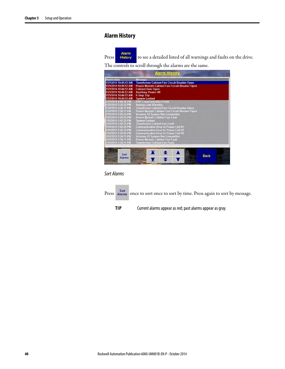 Alarm history | Rockwell Automation 6012DB PowerFlex Medium Voltage Variable Frequency Drive User Manual | Page 40 / 138