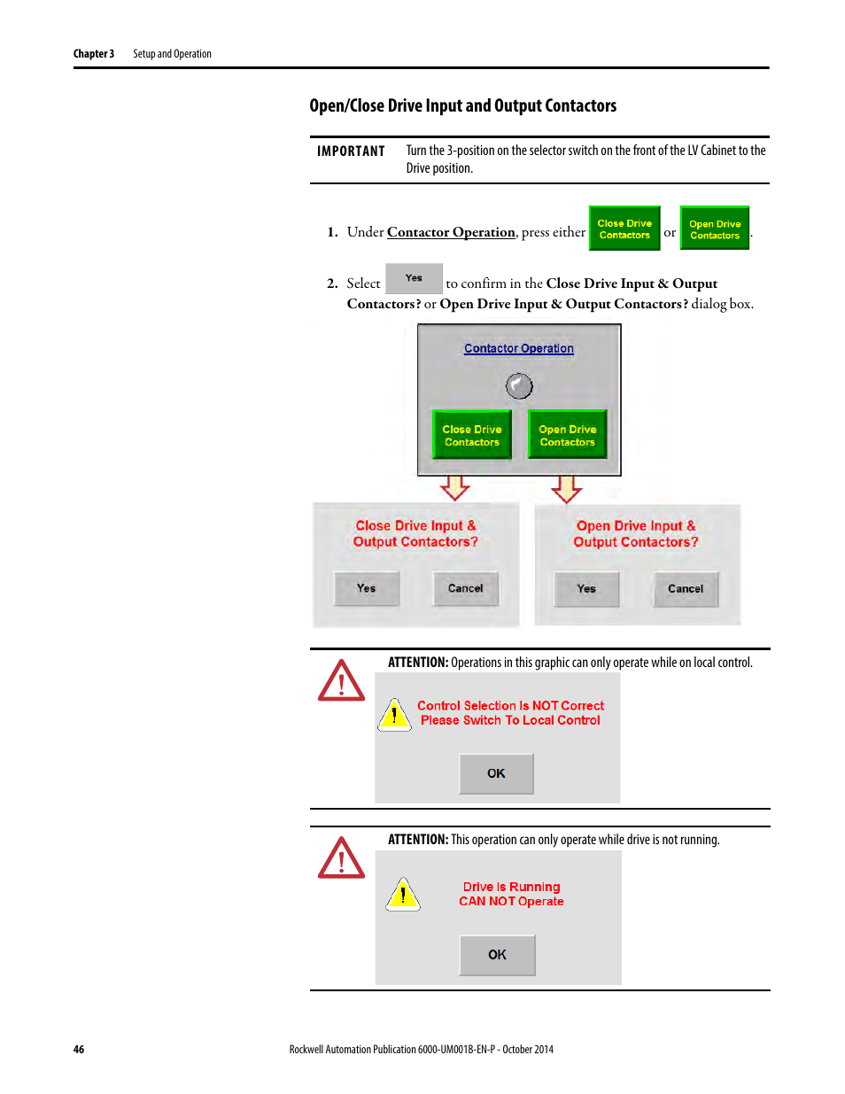 Open/close drive input and output contactors | Rockwell Automation 6012DB PowerFlex Medium Voltage Variable Frequency Drive User Manual | Page 46 / 138