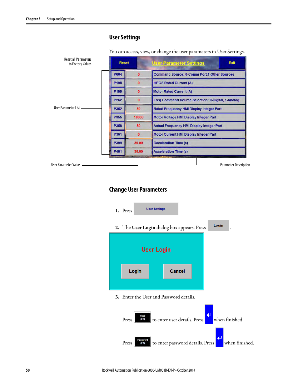 User settings, Change user parameters, User settings change user parameters | Rockwell Automation 6012DB PowerFlex Medium Voltage Variable Frequency Drive User Manual | Page 50 / 138