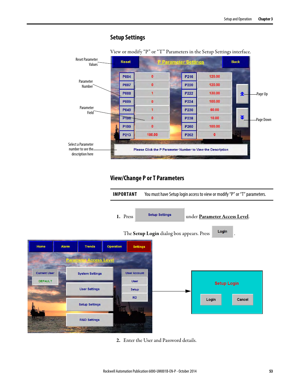 Setup settings, View/change p or t parameters, Setup settings view/change p or t parameters | Rockwell Automation 6012DB PowerFlex Medium Voltage Variable Frequency Drive User Manual | Page 53 / 138