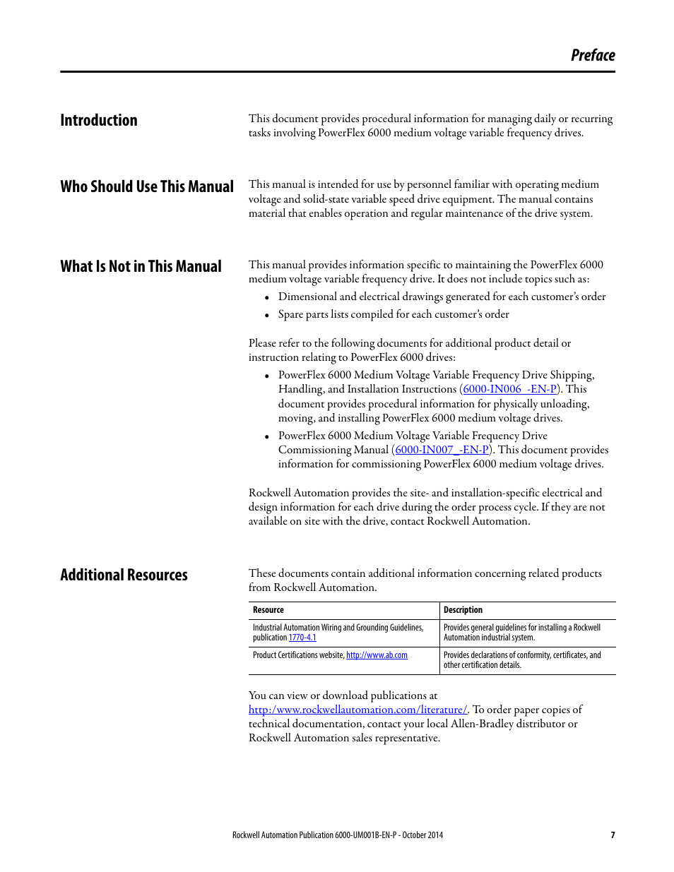 Preface, Introduction, Who should use this manual | What is not in this manual, Additional resources, Preface introduction | Rockwell Automation 6012DB PowerFlex Medium Voltage Variable Frequency Drive User Manual | Page 7 / 138