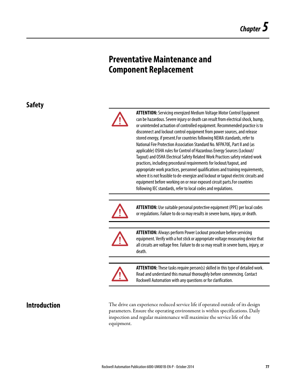 Safety, Introduction, Chapter 5 | Preventative maintenance and component replacement, Safety introduction | Rockwell Automation 6012DB PowerFlex Medium Voltage Variable Frequency Drive User Manual | Page 77 / 138