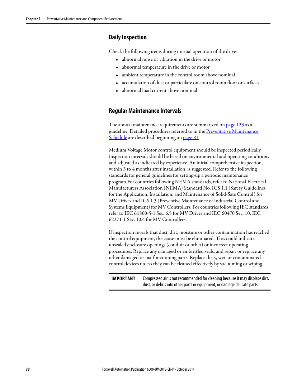 Daily inspection, Regular maintenance intervals, Daily inspection regular maintenance intervals | Rockwell Automation 6012DB PowerFlex Medium Voltage Variable Frequency Drive User Manual | Page 78 / 138