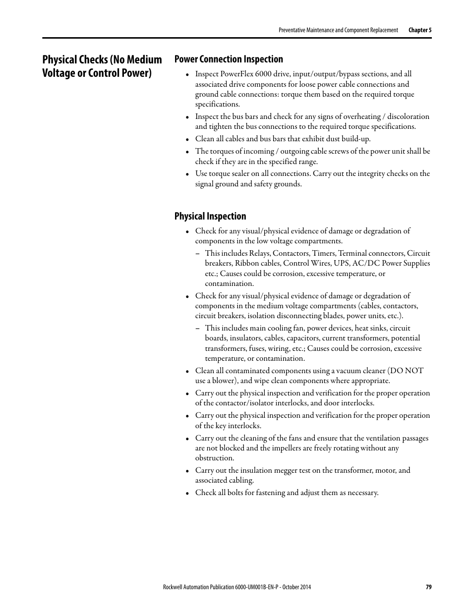 Power connection inspection, Physical inspection, Power connection inspection physical inspection | Rockwell Automation 6012DB PowerFlex Medium Voltage Variable Frequency Drive User Manual | Page 79 / 138