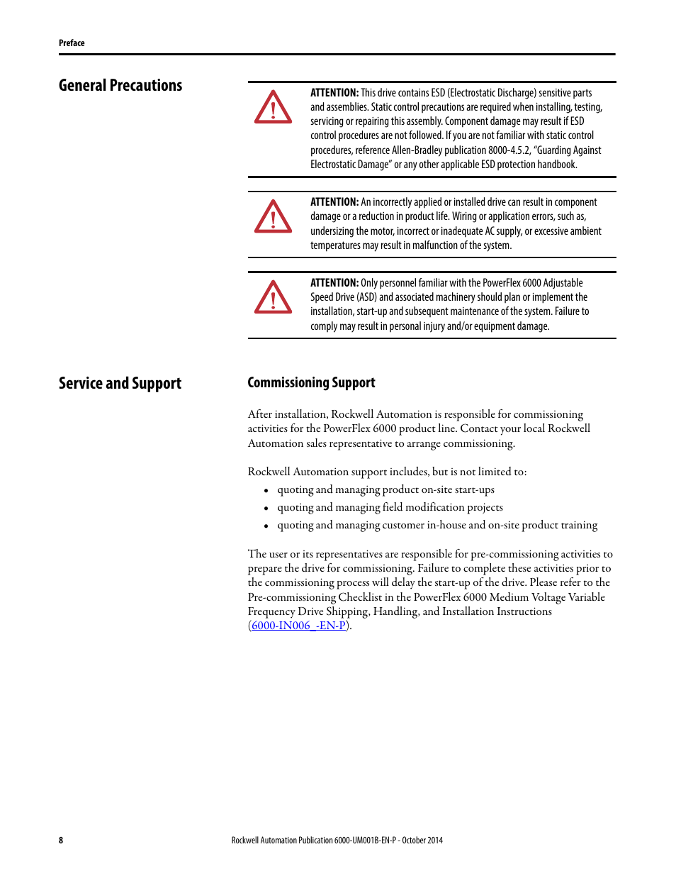 General precautions, Service and support, Commissioning support | General precautions service and support | Rockwell Automation 6012DB PowerFlex Medium Voltage Variable Frequency Drive User Manual | Page 8 / 138