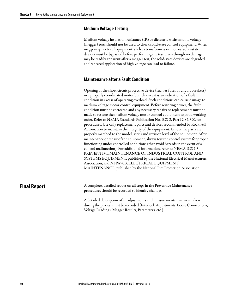 Medium voltage testing, Maintenance after a fault condition, Final report | Rockwell Automation 6012DB PowerFlex Medium Voltage Variable Frequency Drive User Manual | Page 80 / 138