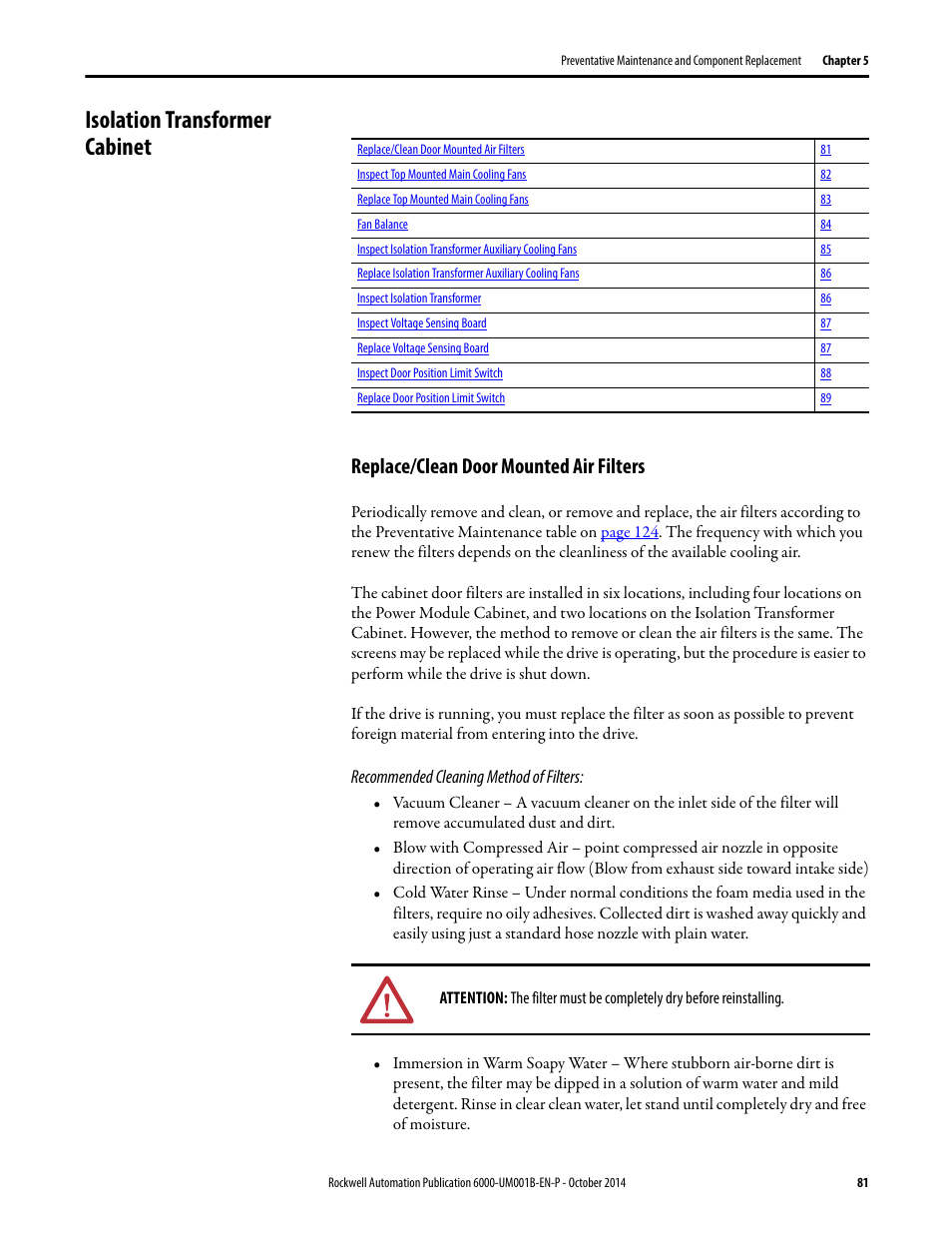 Isolation transformer cabinet, Replace/clean door mounted air filters | Rockwell Automation 6012DB PowerFlex Medium Voltage Variable Frequency Drive User Manual | Page 81 / 138