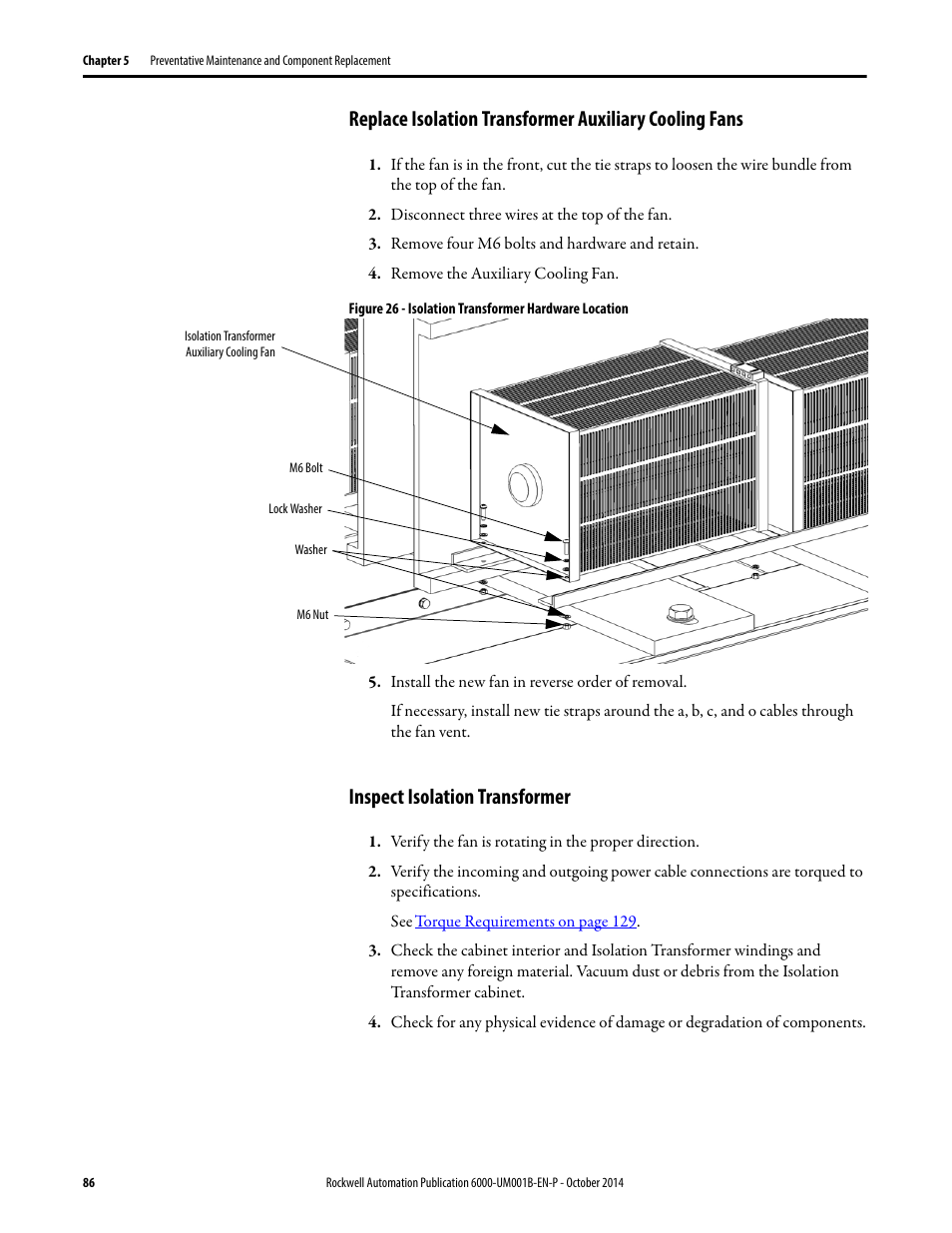 Inspect isolation transformer | Rockwell Automation 6012DB PowerFlex Medium Voltage Variable Frequency Drive User Manual | Page 86 / 138