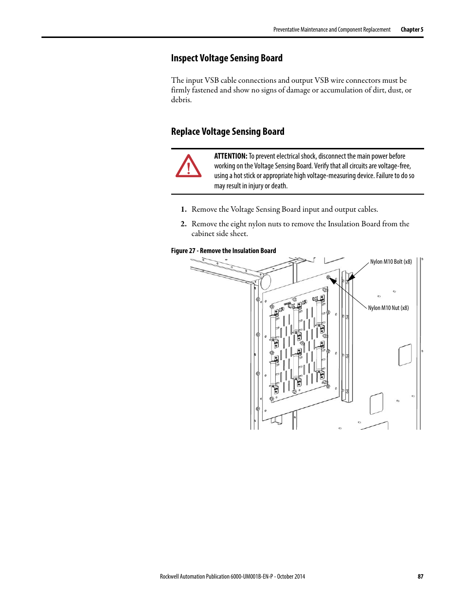 Inspect voltage sensing board, Replace voltage sensing board | Rockwell Automation 6012DB PowerFlex Medium Voltage Variable Frequency Drive User Manual | Page 87 / 138