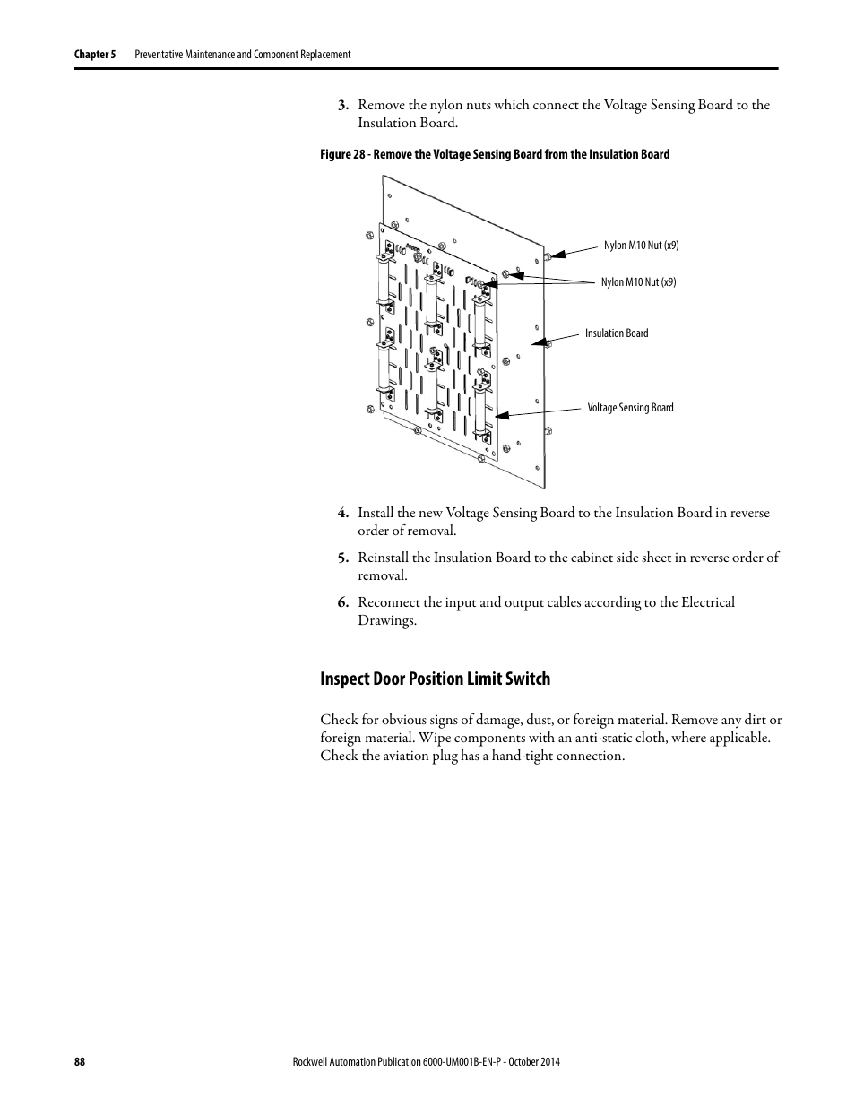 Inspect door position limit switch | Rockwell Automation 6012DB PowerFlex Medium Voltage Variable Frequency Drive User Manual | Page 88 / 138
