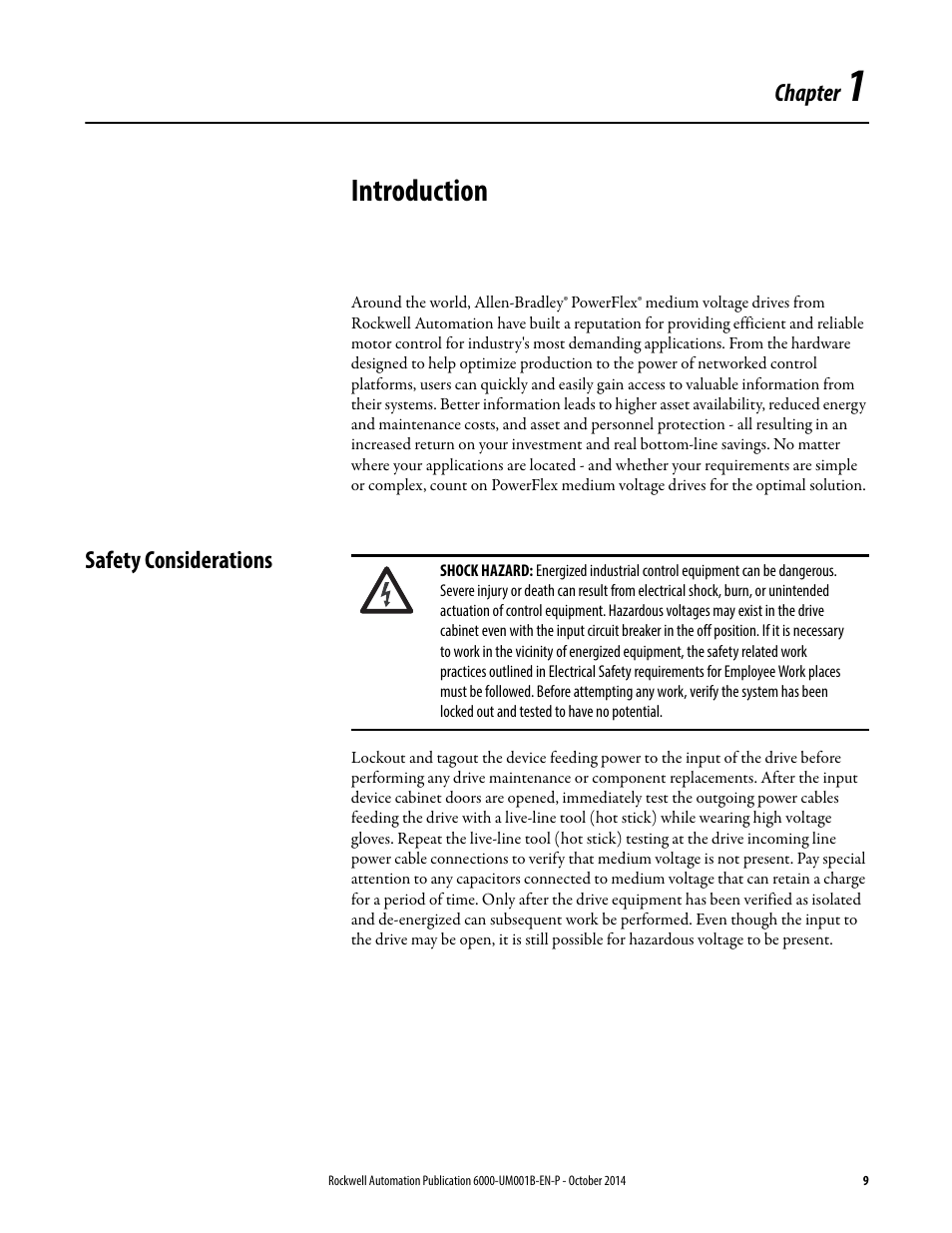 1 - introduction, Safety considerations, Chapter 1 | Introduction | Rockwell Automation 6012DB PowerFlex Medium Voltage Variable Frequency Drive User Manual | Page 9 / 138