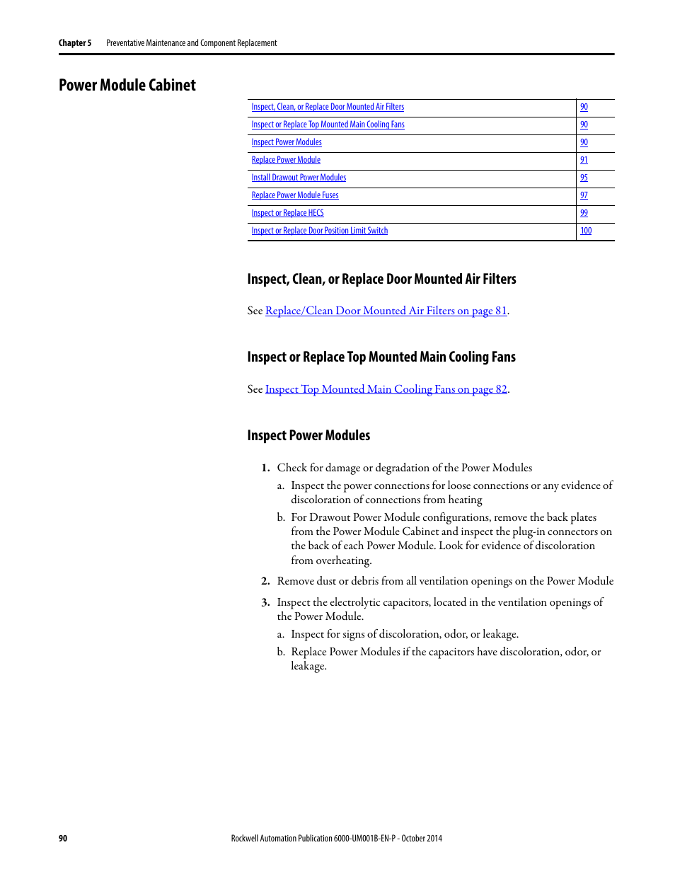 Power module cabinet, Inspect or replace top mounted main cooling fans, Inspect power modules | Rockwell Automation 6012DB PowerFlex Medium Voltage Variable Frequency Drive User Manual | Page 90 / 138