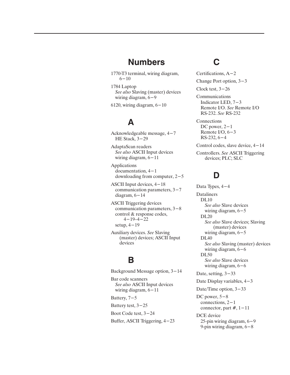 Index, Numbers | Rockwell Automation 2706-M1 MESSAGEVIEW 421 HARDWARE MANUAL User Manual | Page 129 / 135