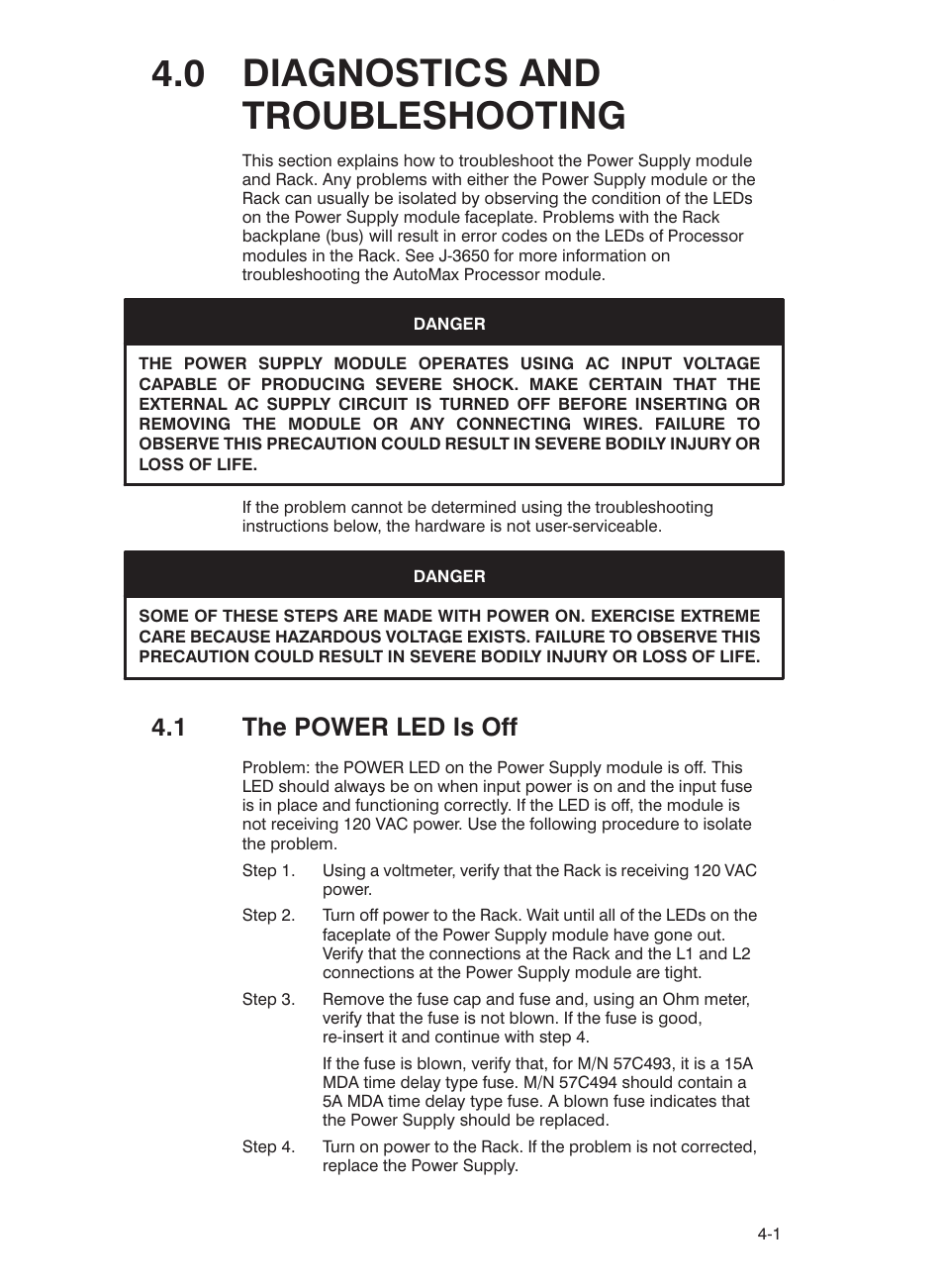 0 diagnostics and troubleshooting, 1 the power led is off | Rockwell Automation 57C332 AutoMax Power Supply Module and Racks User Manual | Page 25 / 44