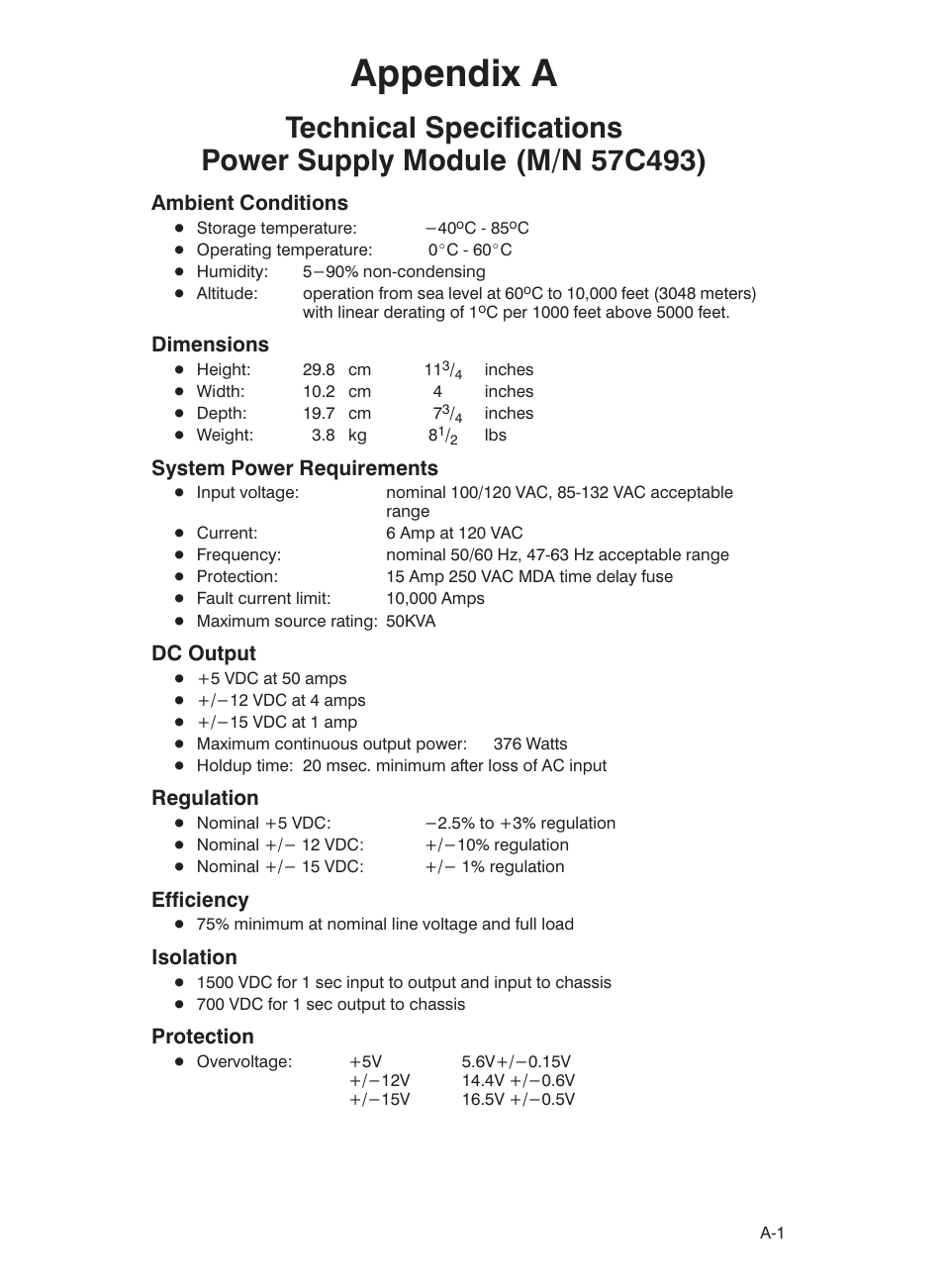 Appendix a, Ambient conditions, Dimensions | System power requirements, Dc output, Regulation, Efficiency, Isolation, Protection | Rockwell Automation 57C332 AutoMax Power Supply Module and Racks User Manual | Page 27 / 44