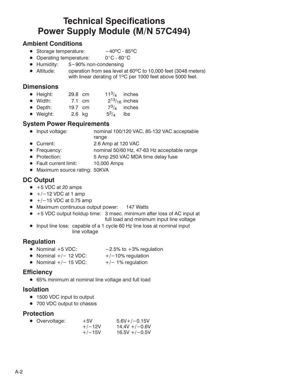 Ambient conditions, Dimensions, System power requirements | Dc output, Regulation, Efficiency, Isolation, Protection | Rockwell Automation 57C332 AutoMax Power Supply Module and Racks User Manual | Page 28 / 44