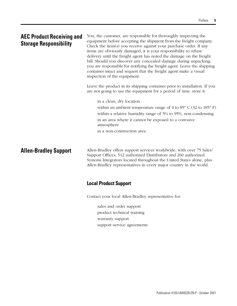 Aec product receiving and storage responsibility, Allen-bradley support, Local product support | Rockwell Automation 4100 AEC Absolute Encoder Converter Installation User Manual | Page 13 / 61