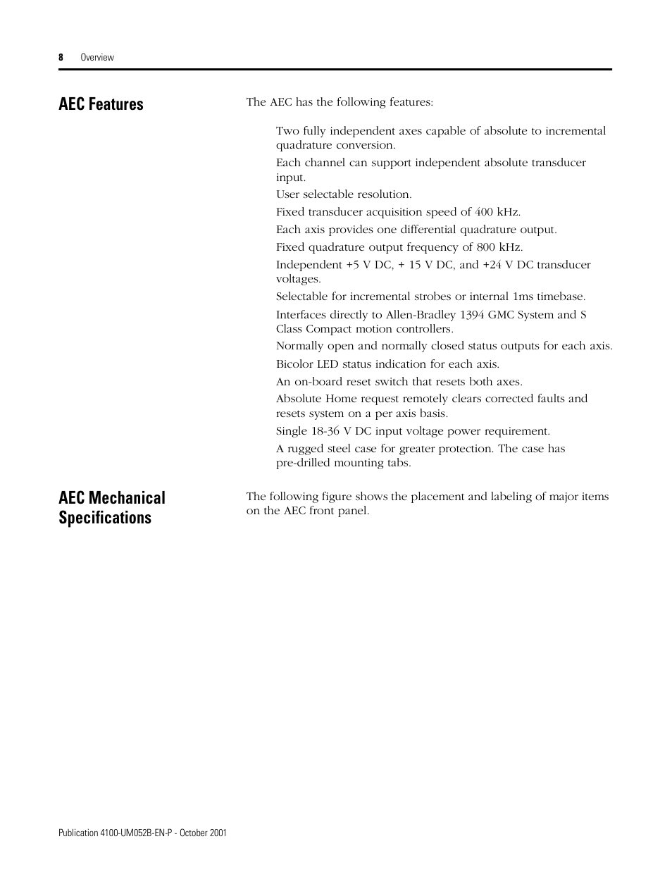 Aec features, Aec mechanical specifications | Rockwell Automation 4100 AEC Absolute Encoder Converter Installation User Manual | Page 16 / 61