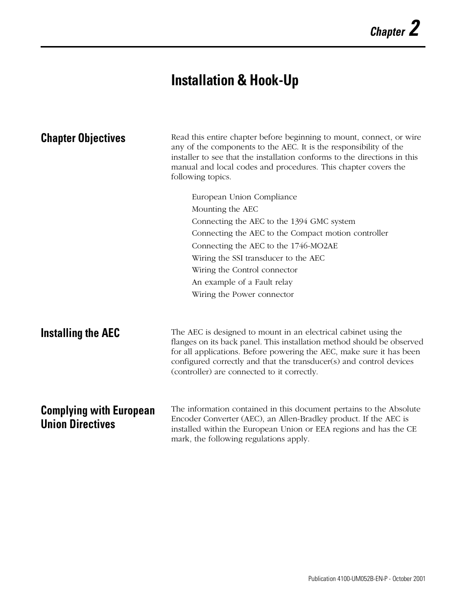 Installation & hook-up, Chapter objectives, Installing the aec | Complying with european union directives, Chapter | Rockwell Automation 4100 AEC Absolute Encoder Converter Installation User Manual | Page 19 / 61