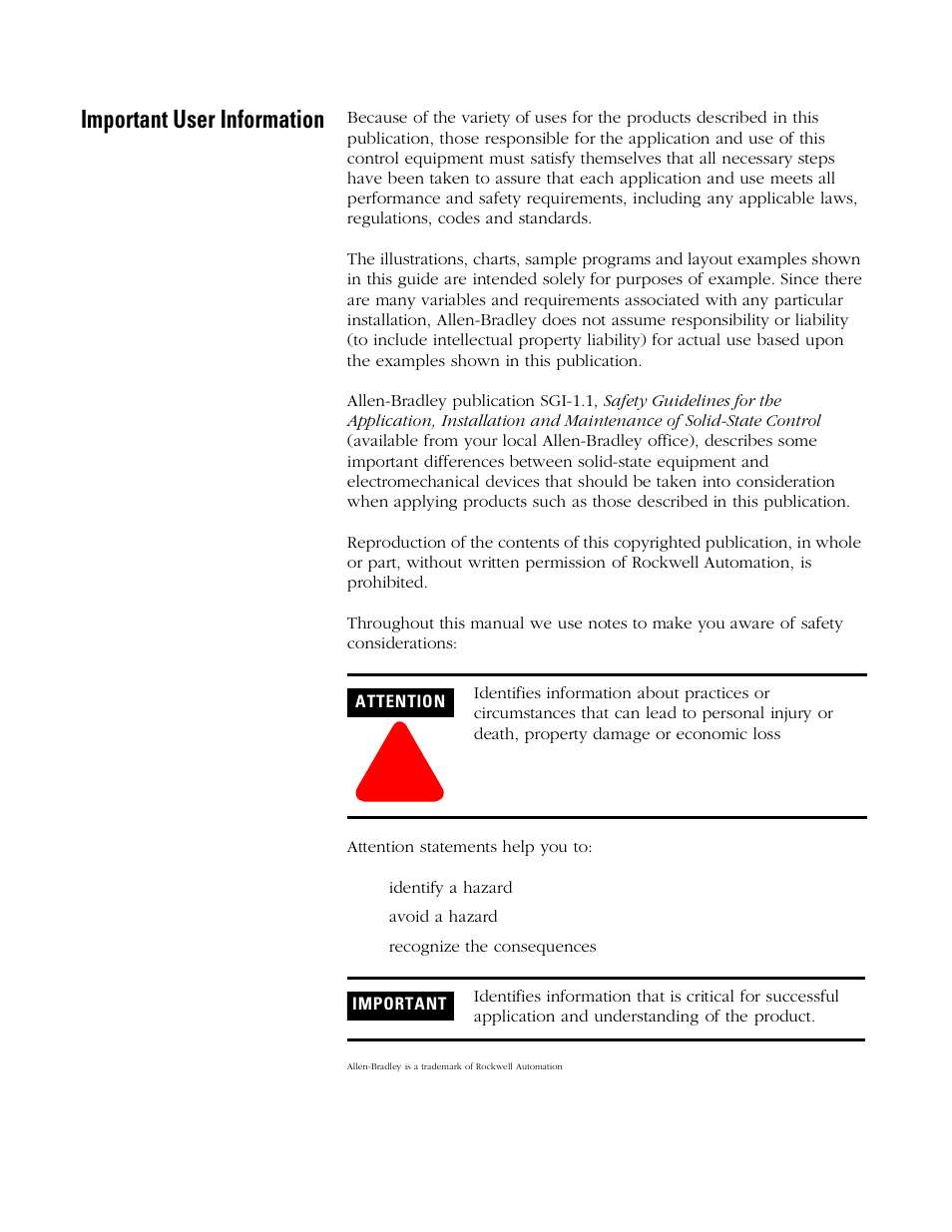 Important user information | Rockwell Automation 4100 AEC Absolute Encoder Converter Installation User Manual | Page 2 / 61