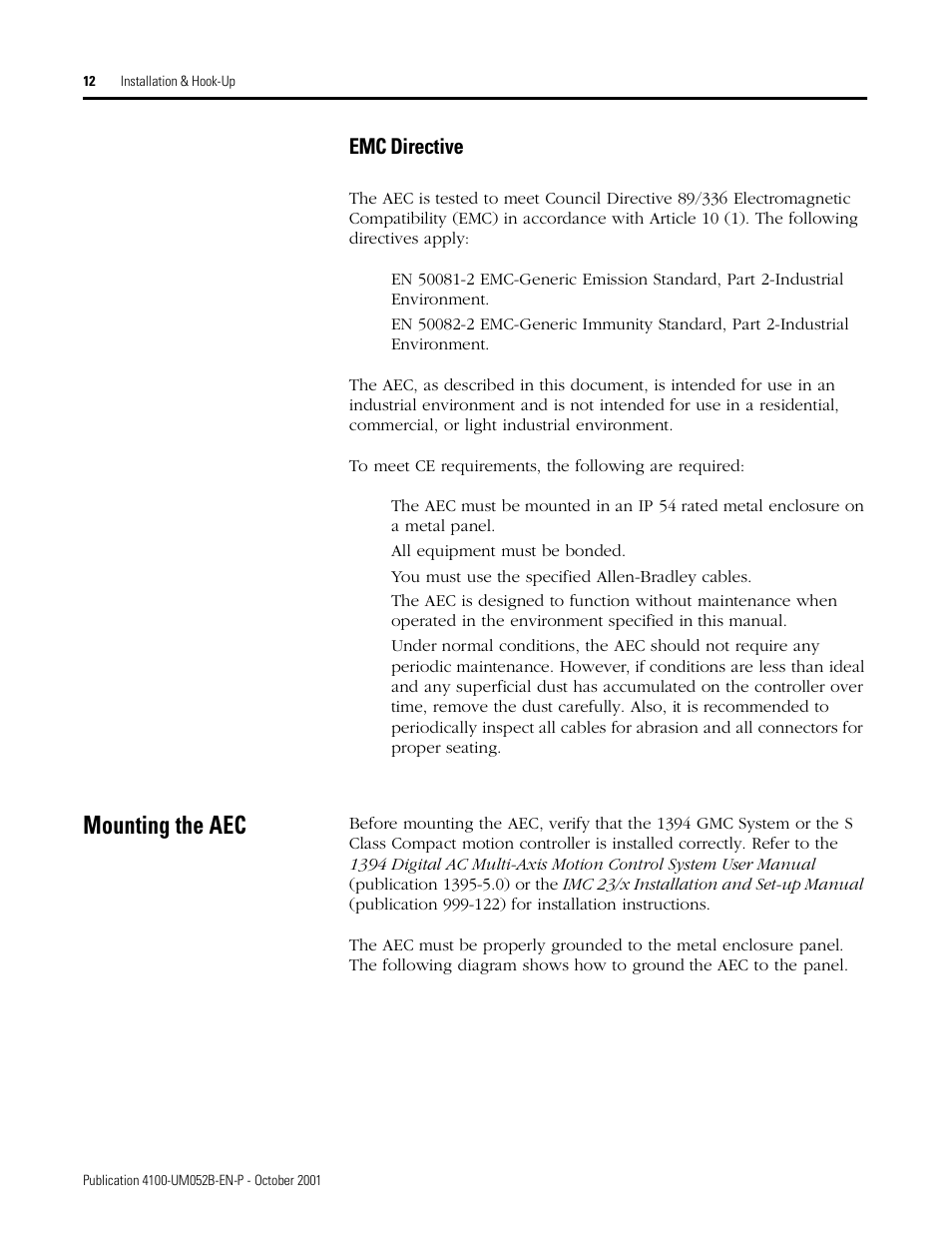 Emc directive, Mounting the aec | Rockwell Automation 4100 AEC Absolute Encoder Converter Installation User Manual | Page 20 / 61