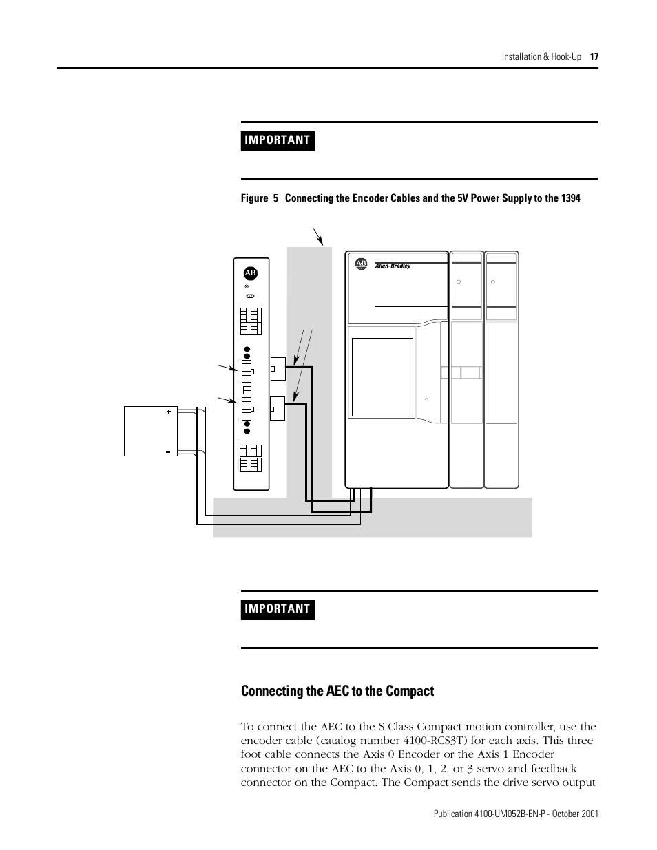 Connecting the aec to the compact, 1394 gmc system, Important | Wireway, 5v dc power supply, Axis 0 encoder connector axis 1 encoder connector | Rockwell Automation 4100 AEC Absolute Encoder Converter Installation User Manual | Page 25 / 61