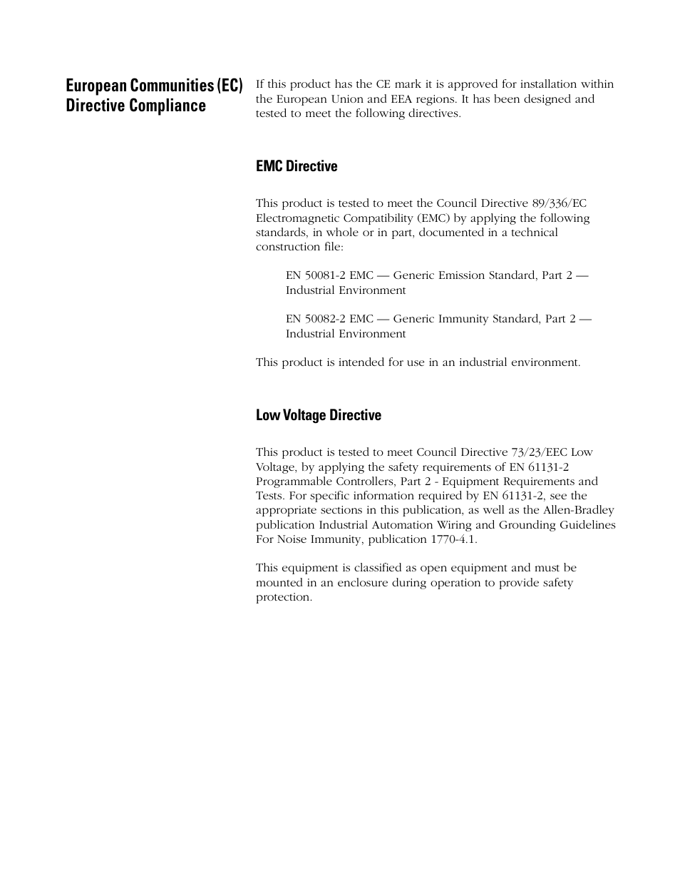 European communities (ec) directive compliance, Emc directive, Low voltage directive | Rockwell Automation 4100 AEC Absolute Encoder Converter Installation User Manual | Page 3 / 61