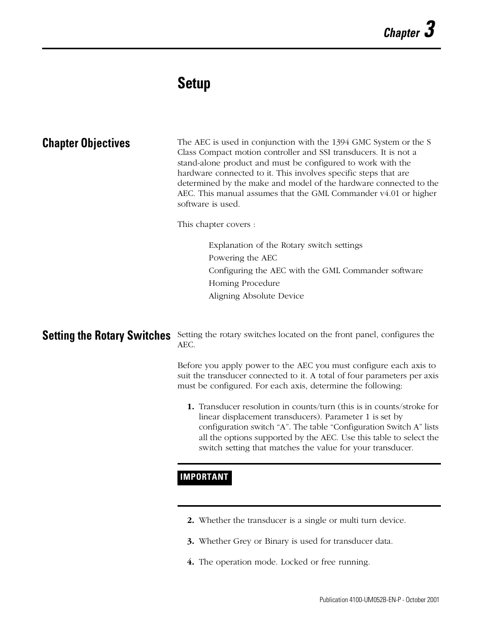 Setup, Chapter objectives, Setting the rotary switches | Chapter | Rockwell Automation 4100 AEC Absolute Encoder Converter Installation User Manual | Page 37 / 61