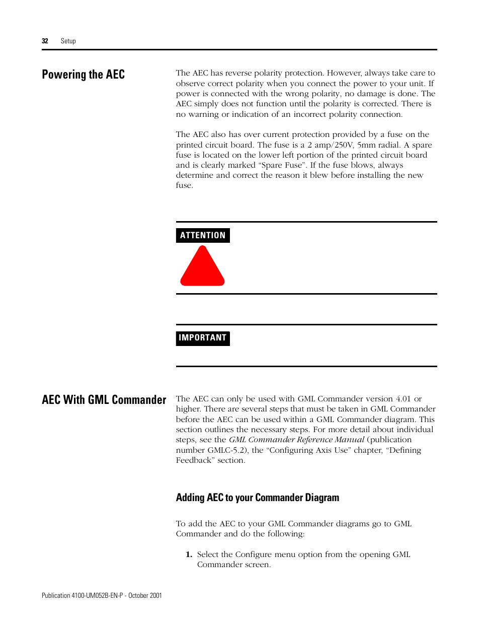 Powering the aec, Aec with gml commander, Adding aec to your commander diagram | Rockwell Automation 4100 AEC Absolute Encoder Converter Installation User Manual | Page 40 / 61