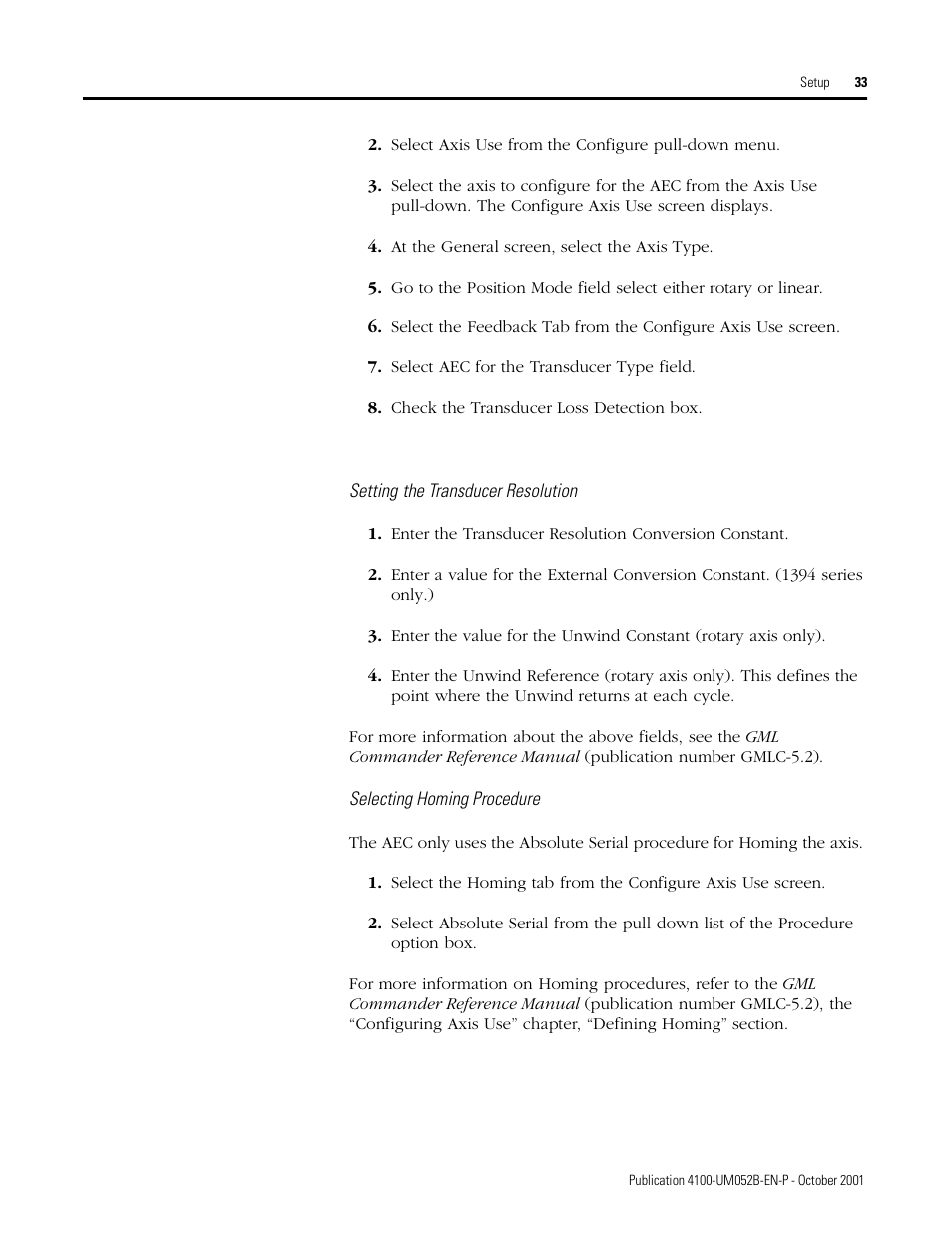 Setting the transducer resolution, Selecting homing procedure | Rockwell Automation 4100 AEC Absolute Encoder Converter Installation User Manual | Page 41 / 61