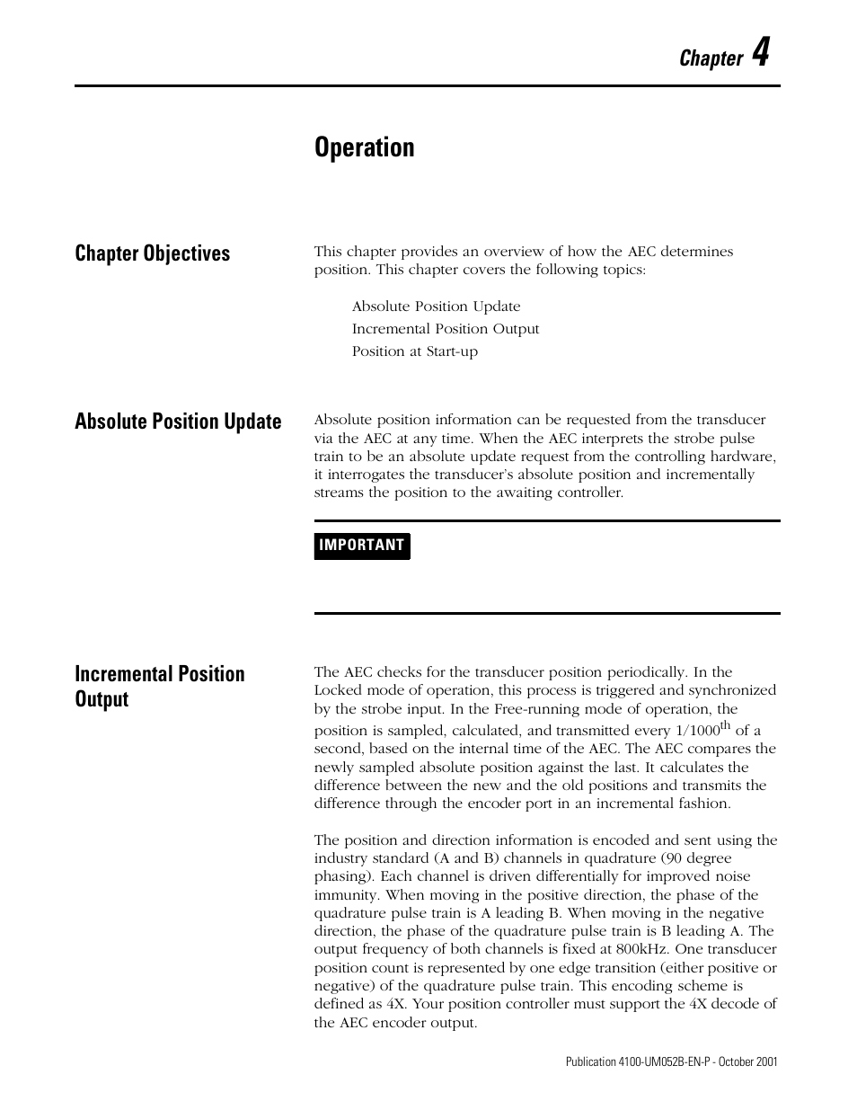 Operation, Chapter objectives, Absolute position update | Incremental position output, Chapter | Rockwell Automation 4100 AEC Absolute Encoder Converter Installation User Manual | Page 43 / 61