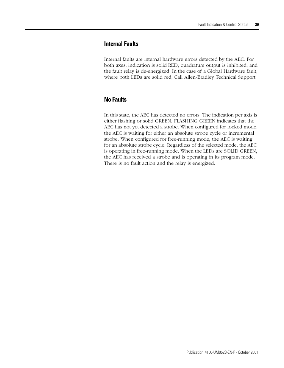 Internal faults, No faults | Rockwell Automation 4100 AEC Absolute Encoder Converter Installation User Manual | Page 47 / 61