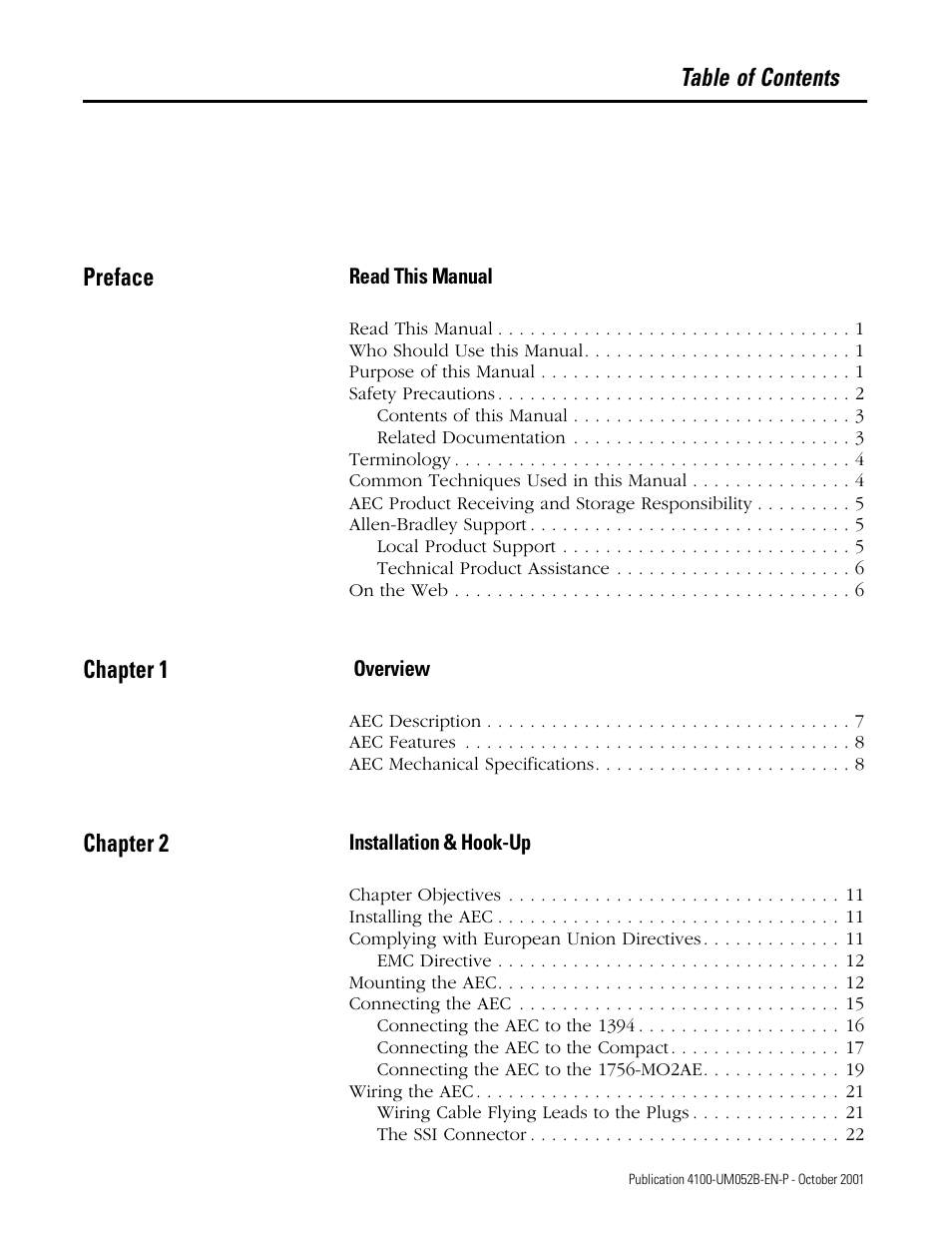 Table of contents preface, Chapter 1, Chapter 2 | Rockwell Automation 4100 AEC Absolute Encoder Converter Installation User Manual | Page 5 / 61