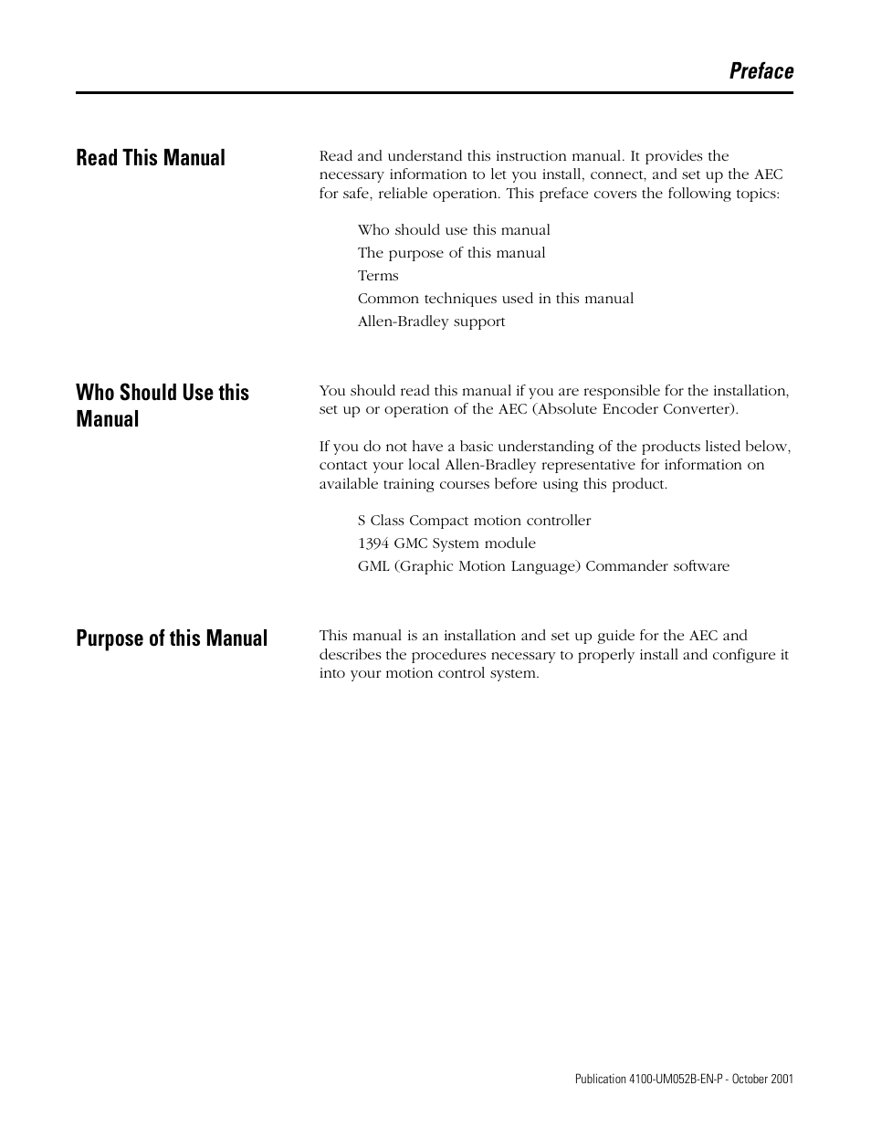 Preface, Read this manual, Who should use this manual | Purpose of this manual, Chapter 1, Preface read this manual | Rockwell Automation 4100 AEC Absolute Encoder Converter Installation User Manual | Page 9 / 61