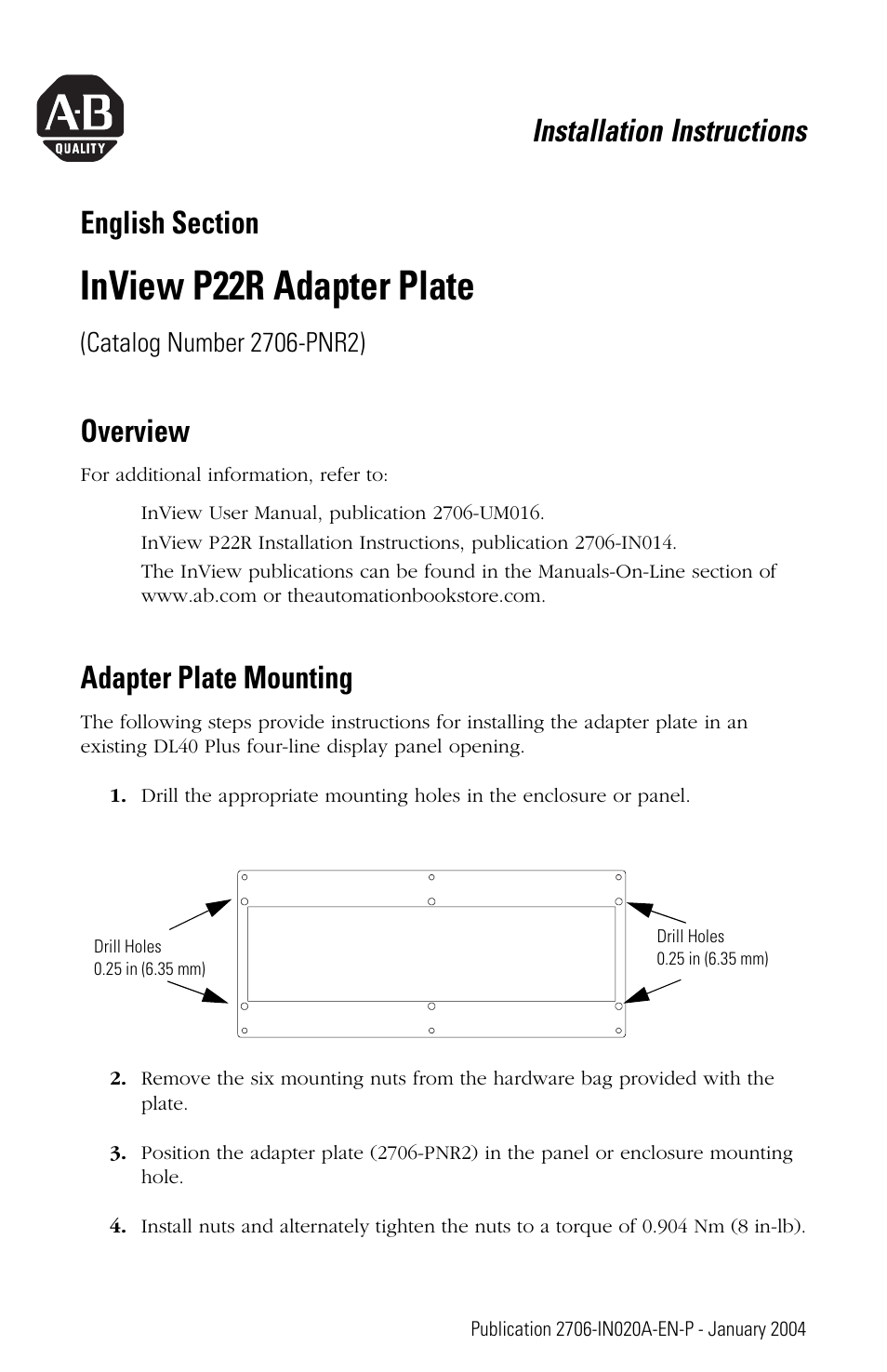 Rockwell Automation 2706-PNR2 InView P22R Message Display Adapter Plate User Manual | 2 pages