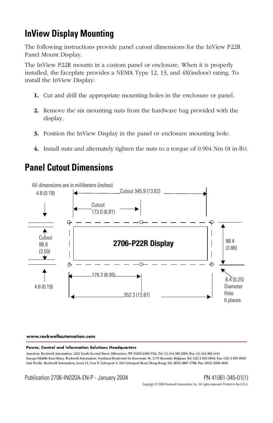 Inview display mounting, Panel cutout dimensions, Back cover | Rockwell Automation 2706-PNR2 InView P22R Message Display Adapter Plate User Manual | Page 2 / 2