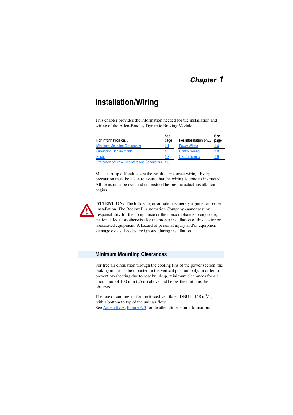 Chapter 1, Installation/wiring, Minimum mounting clearances | Minimum mounting clearances -1, Chapter | Rockwell Automation AK DBU - Dynamic Braking Unit 600/690 VAC User Manual | Page 13 / 56