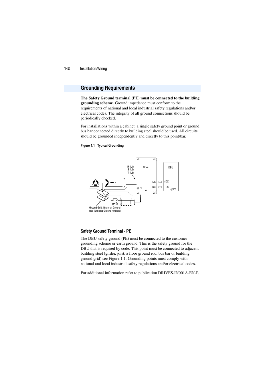 Grounding requirements, Safety ground terminal - pe, Grounding requirements -2 | Rockwell Automation AK DBU - Dynamic Braking Unit 600/690 VAC User Manual | Page 14 / 56