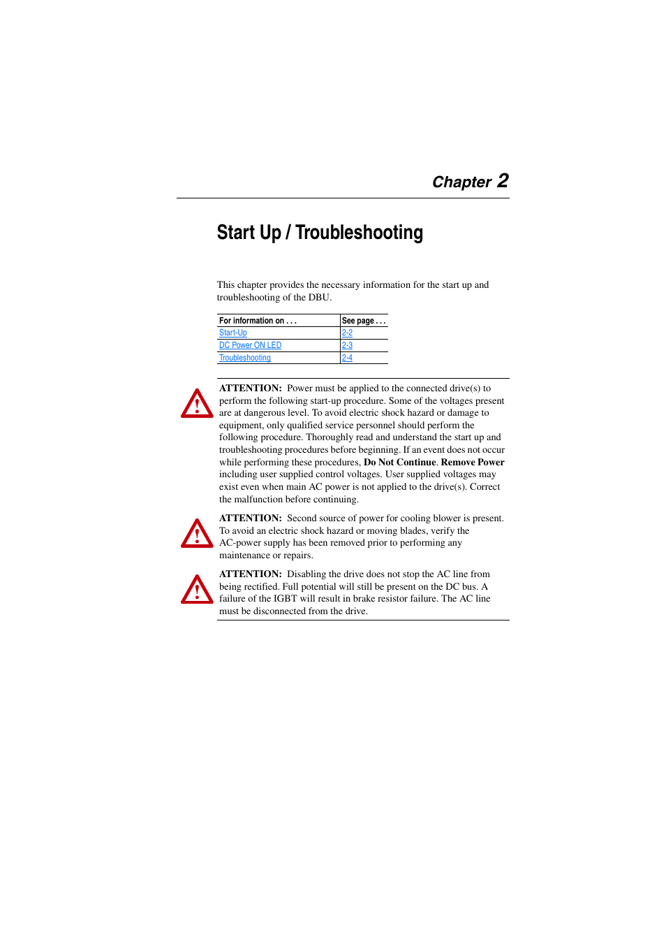 Chapter 2, Start up / troubleshooting, Chapter | Rockwell Automation AK DBU - Dynamic Braking Unit 600/690 VAC User Manual | Page 23 / 56