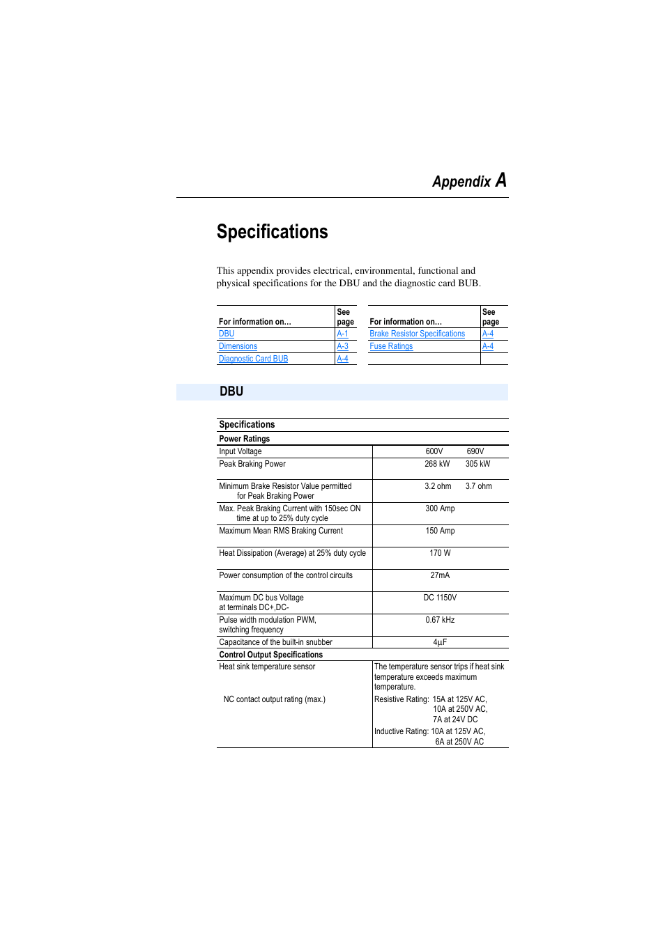 Appendix a, Specifications, Aspecifications | Appendix | Rockwell Automation AK DBU - Dynamic Braking Unit 600/690 VAC User Manual | Page 27 / 56